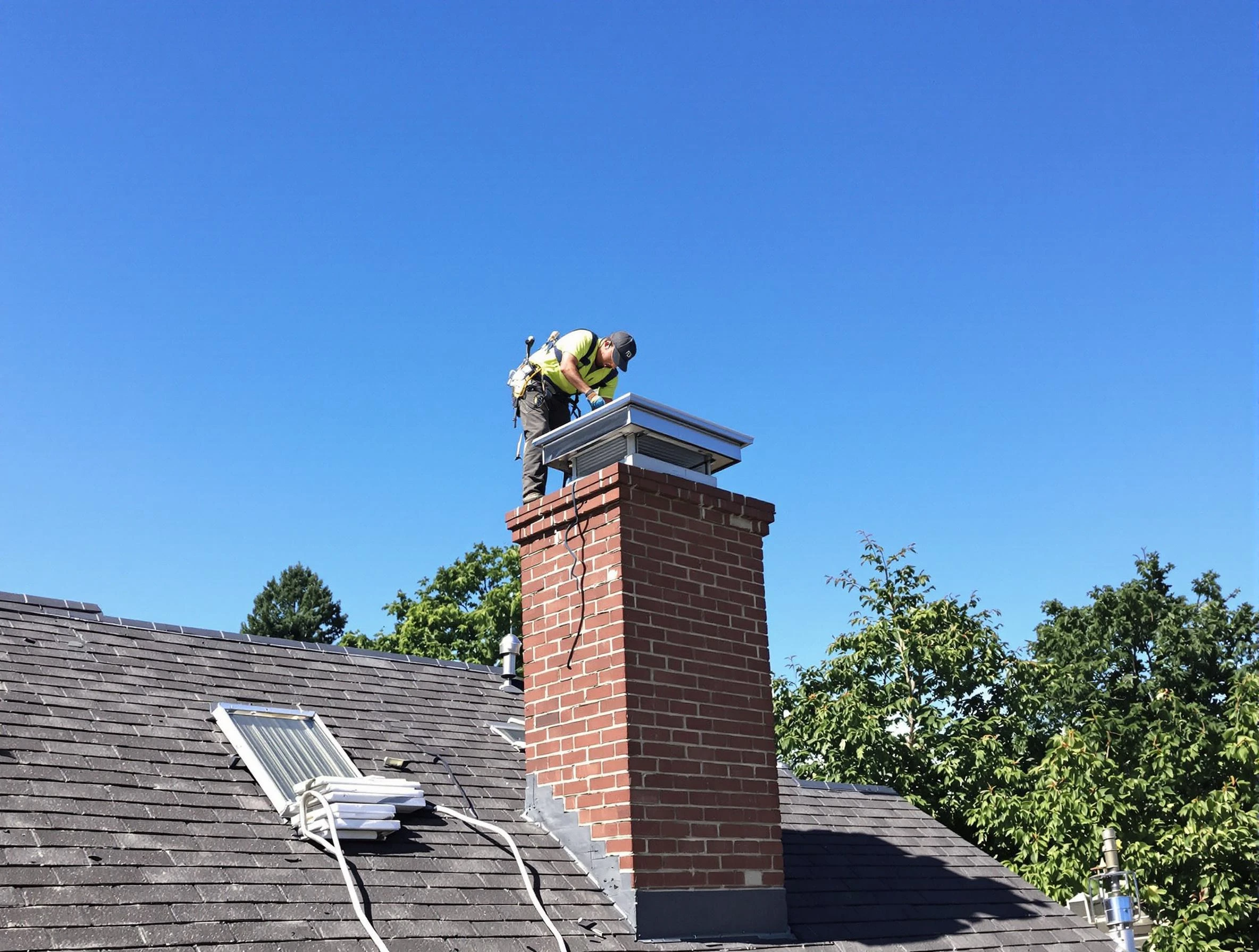 Belvedere Park Chimney Sweep technician measuring a chimney cap in Belvedere Park, GA
